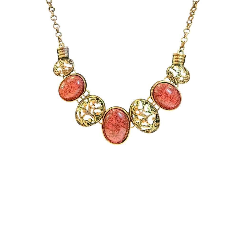 BOHO Red and Gold Oval Link Collar Necklace - Picture 2 of 2
